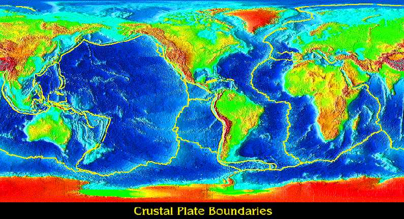 Tectonic map of Earth: the yellow lines represent the borders between the 